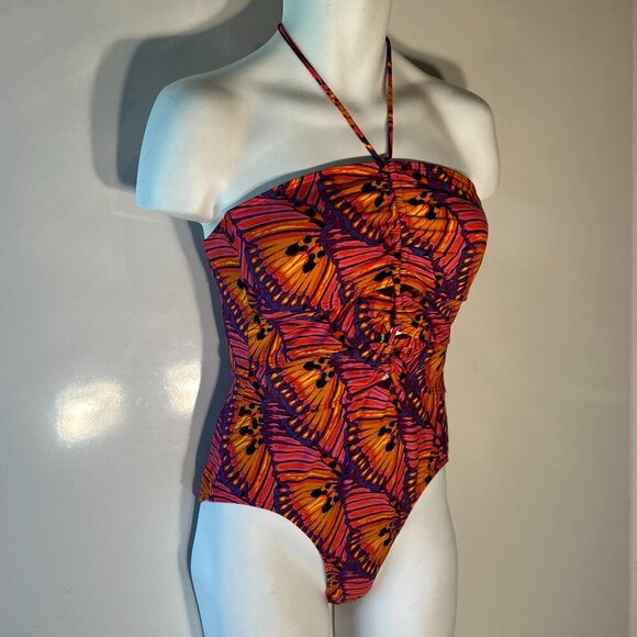 Jantzen SZ L Tropical Print Tummy Control Swimsuit Butterflies 80s Beach Swim 90 - Picture 2 of 8